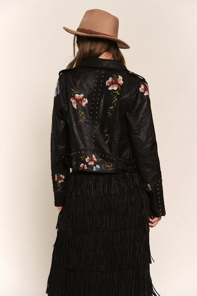 FLORAL EMBROIDERED STUDDED FAUX LEATHER JACKET Jacket FashionWear Collection 