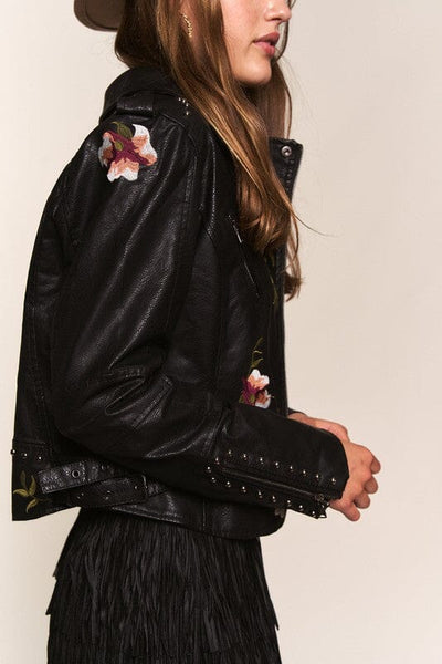 FLORAL EMBROIDERED STUDDED FAUX LEATHER JACKET Jacket FashionWear Collection 