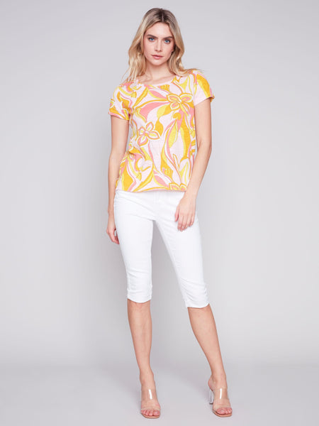 SHORT SLEEVE PRINTED COTTON KNIT TOP Top Charlie B. 