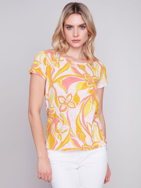 SHORT SLEEVE PRINTED COTTON KNIT TOP Top Charlie B. 