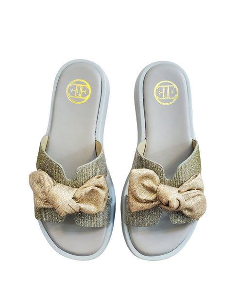 SPARKLE OPEN TOE PEWTER SLIP ON WITH BOW Sandal Little Empress 