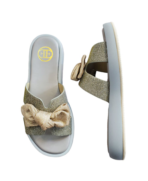 SPARKLE OPEN TOE PEWTER SLIP ON WITH BOW Sandal Little Empress 