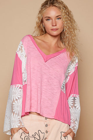 PINK FLOWY LACE TRIM MIX TOP