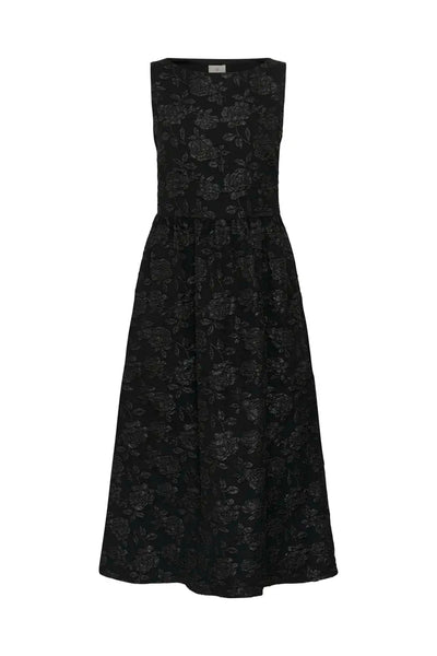 BLACK FLORAL TONE ON TONE JACQUERED DRESS