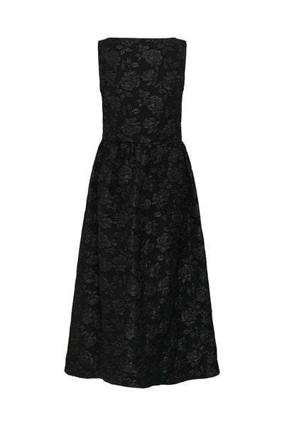 BLACK FLORAL TONE ON TONE JACQUERED DRESS