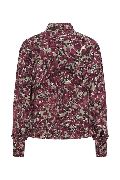 BURGUNDY ABSTRACT FLORAL BUTTON DOWN BLOUSE