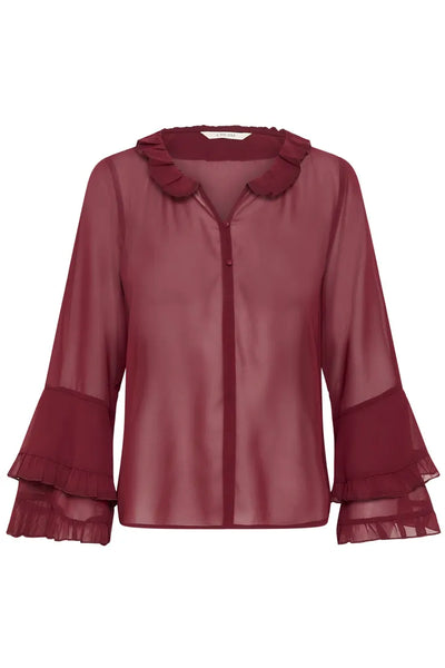 WINE RUFFLE CHIFFON BLOUSE