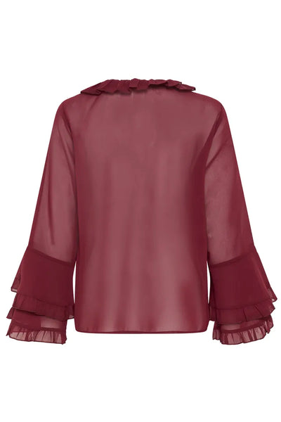 WINE RUFFLE CHIFFON BLOUSE