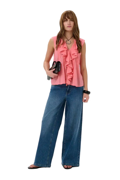 SLEEVELESS CORAL RUFFLE TOP