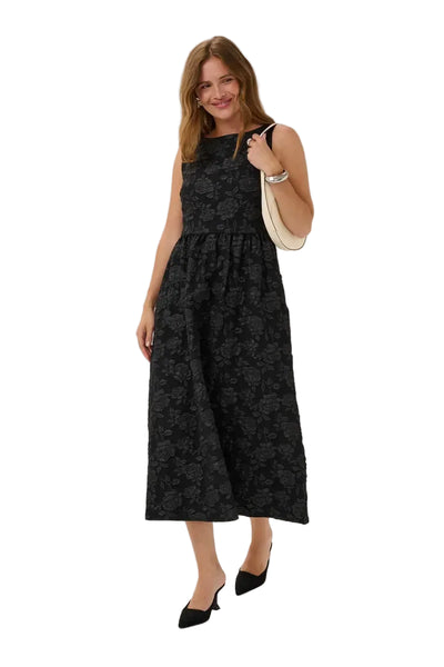 BLACK FLORAL TONE ON TONE JACQUERED DRESS