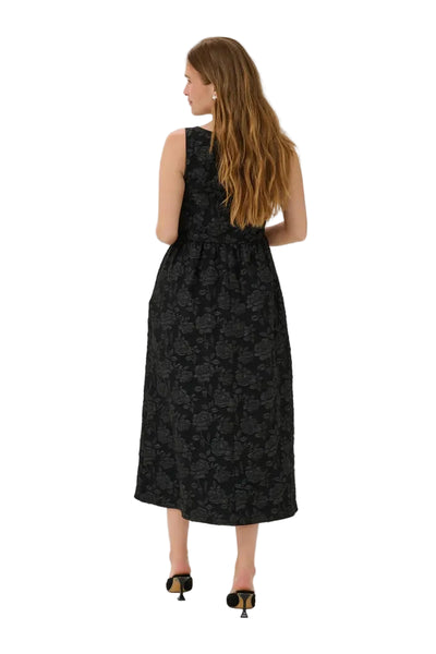 BLACK FLORAL TONE ON TONE JACQUERED DRESS