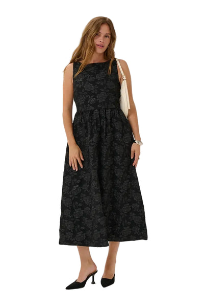 BLACK FLORAL TONE ON TONE JACQUERED DRESS