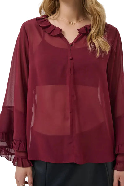 WINE RUFFLE CHIFFON BLOUSE