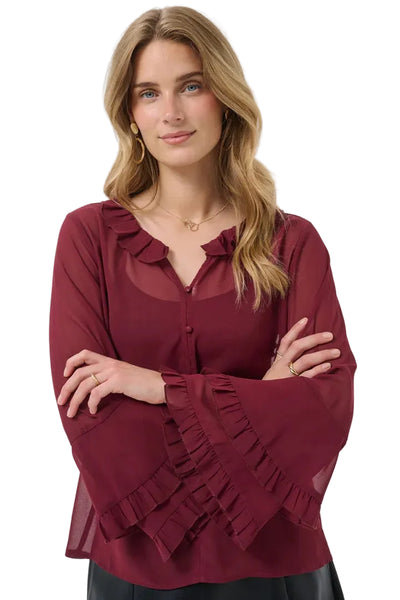 WINE RUFFLE CHIFFON BLOUSE