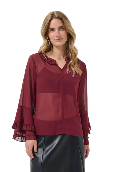 WINE RUFFLE CHIFFON BLOUSE