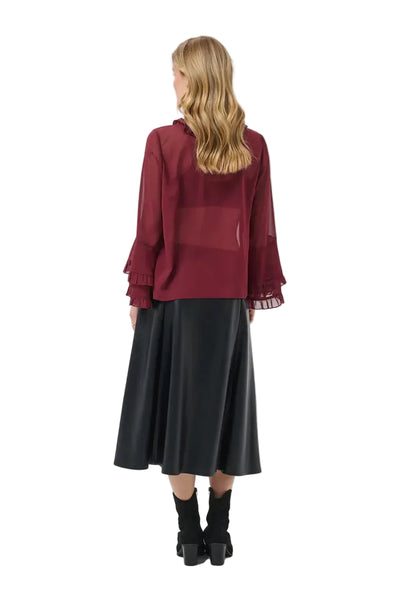 WINE RUFFLE CHIFFON BLOUSE