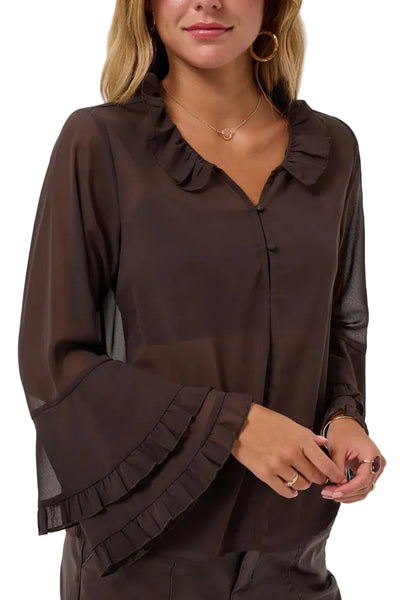 MOCHA RUFFLE CHIFFON BLOUSE