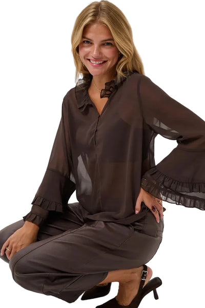 MOCHA RUFFLE CHIFFON BLOUSE