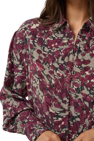 BURGUNDY ABSTRACT FLORAL BUTTON DOWN BLOUSE