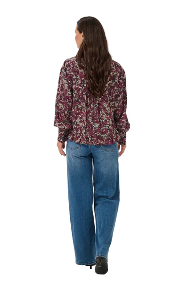 BURGUNDY ABSTRACT FLORAL BUTTON DOWN BLOUSE