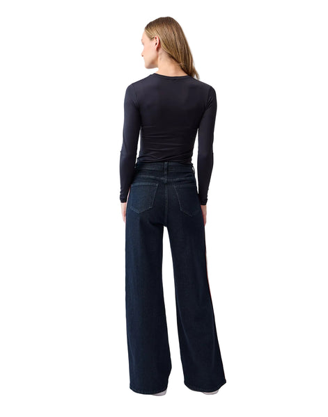 WIDE HIGH RISE BLUE JEANS WITH RED AND NAVY STRIPE DOWN SIDE