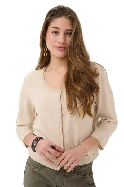 3/4 SLEEVE CROP BEIGE CARDIGAN Top CREAM S Beige 