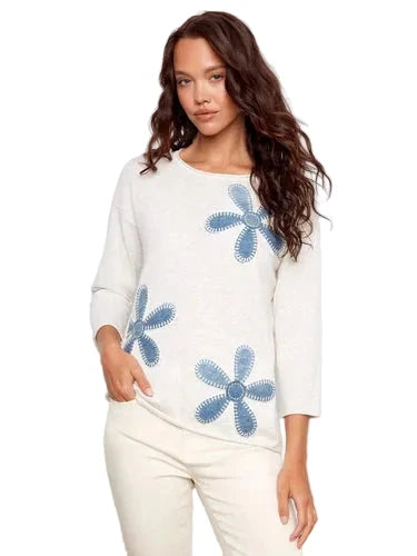 3/4 SLEEVE WITH DENIM FLOWERS Shirts & Tops Charlie B 