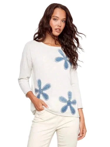 3/4 SLEEVE WITH DENIM FLOWERS Shirts & Tops Charlie B XS Grey 