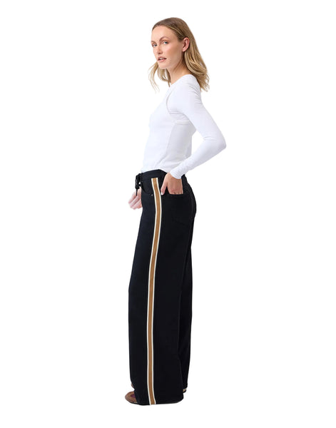 WIDE HIGH RISE BLACK JEANS WITH TAN STRIPE DOWN SIDE