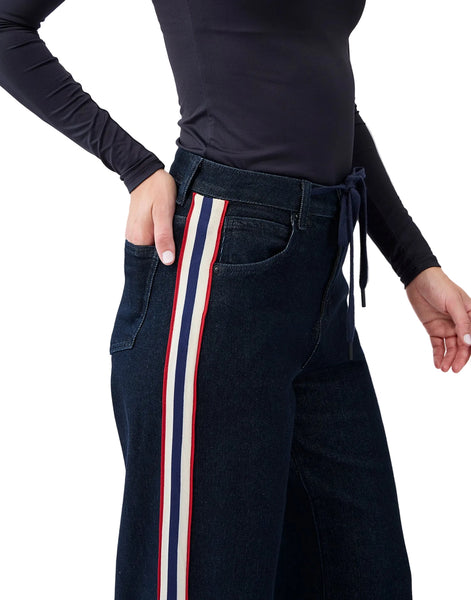WIDE HIGH RISE BLUE JEANS WITH RED AND NAVY STRIPE DOWN SIDE