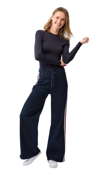 WIDE HIGH RISE BLUE JEANS WITH RED AND NAVY STRIPE DOWN SIDE