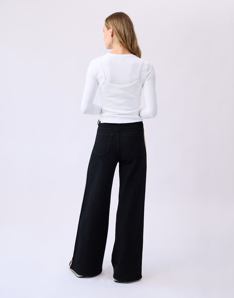 WIDE HIGH RISE BLACK JEANS WITH TAN STRIPE DOWN SIDE