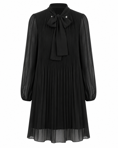 BLACK PLEATED V-NECK GEORGETTE FLOWY DRESS WITH NECKTIE