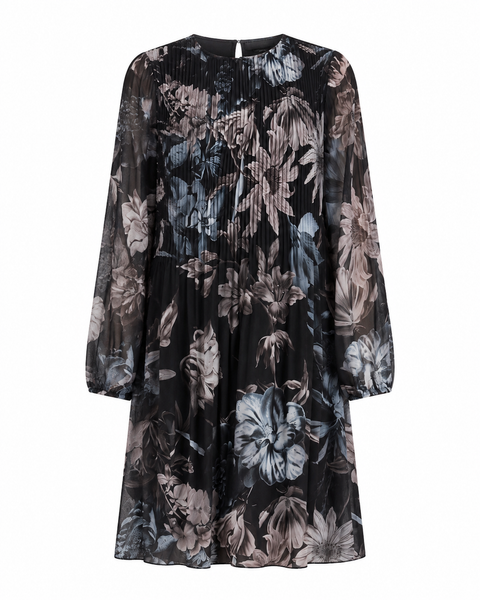 BLACK FLORAL PLEATED GEORGETTE FLOWY DRESS