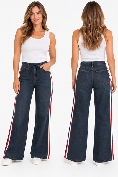 WIDE HIGH RISE BLUE JEANS WITH RED AND NAVY STRIPE DOWN SIDE