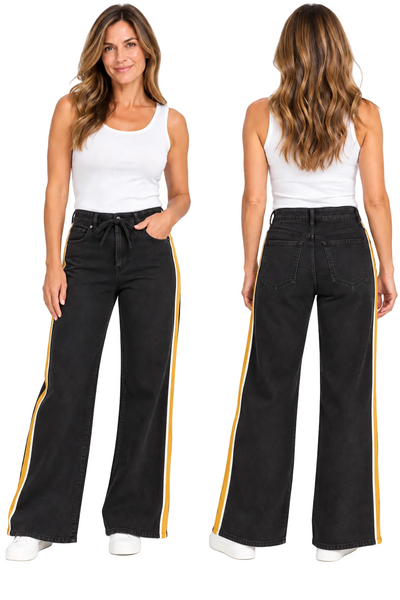 WIDE HIGH RISE BLACK JEANS WITH TAN STRIPE DOWN SIDE