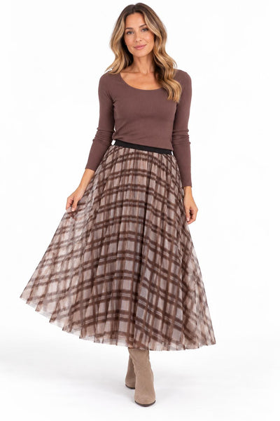 PLAID MICRO PLEATED CHOCOLATE SKIRT