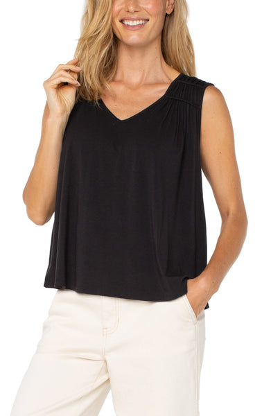 SLEEVELESS SHIRRED BLACK DETAIL KNIT TOP