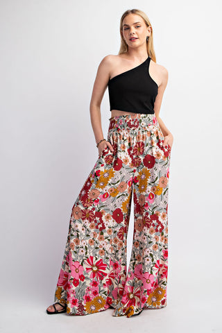 FLARE FLORAL PRINTED WIDE LEG SMOCKED WAIST PANT