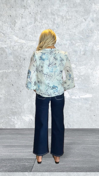 ABSTRACT FLORAL FRONT RUFFLE SHEER BLOUSE Blouse Milano 