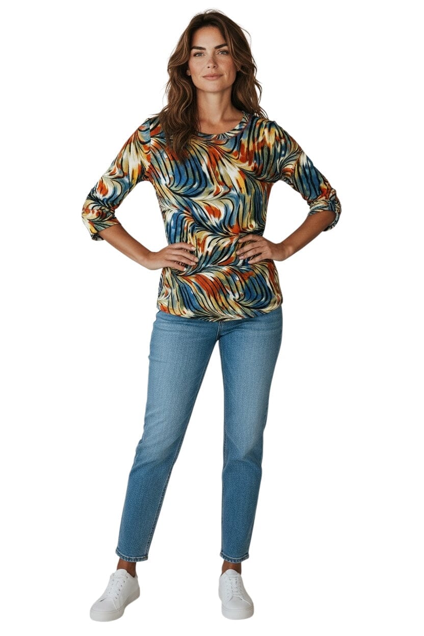 ABSTRACT LEAF PRINT BUTTON UP 3/4 SLEEVE TOP Top Bali 