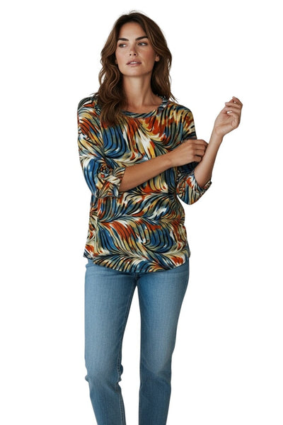ABSTRACT LEAF PRINT BUTTON UP 3/4 SLEEVE TOP Top Bali 