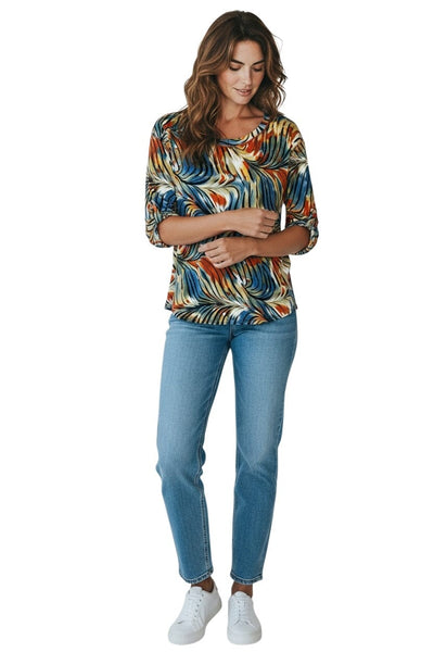 ABSTRACT LEAF PRINT BUTTON UP 3/4 SLEEVE TOP Top Bali 