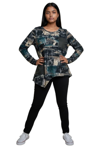 ASYMETRIC TEAL BLACK PRINTED TOP WITH FAUX LEATHER FRONT POCKET Top Bali XS Navy/Charcoal Snake 