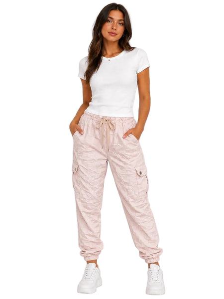 BABY PINK CRINKLE CARGO DRAWSTRING ELASTIC WAIST PANT Pants Made In Italy 