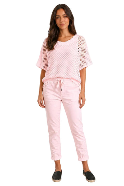 BABY PINK OPEN KNIT LINED DISTRESSED NECKLINE TOP Shirts & Tops Made In Italy 