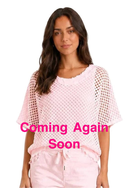 BABY PINK OPEN KNIT LINED DISTRESSED NECKLINE TOP Shirts & Tops Made In Italy 