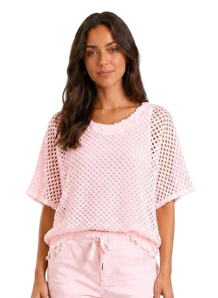 BABY PINK OPEN KNIT LINED DISTRESSED NECKLINE TOP Shirts & Tops Made In Italy One Size Baby Pink 
