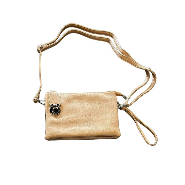 BEIGE ADJUSTABLE CROSSBODY BAG WITH SILVER CLASP AND MULTI POCKETS Handbag FashionWear Canada 