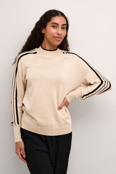 BEIGE KNIT SWEATER WITH STRIPED DETAIL ON SLEEVE Sweater KAFFE 